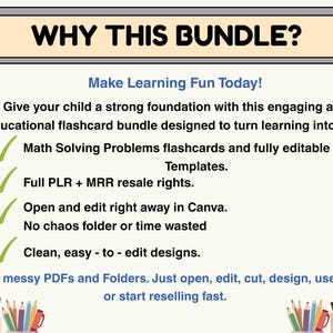 Może przedstawiać: Zestaw edukacyjnych fiszek z tekstem "WHY THIS BUNDLE?" i "Make Learning Fun Today!". Zestaw zawiera fiszki z zadaniami matematycznymi, szablony Canva i prawa do odsprzedaży. Projekt jest przejrzysty i łatwy do edycji.