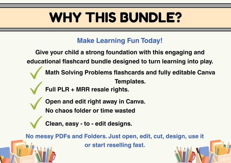 Może przedstawiać: Zestaw edukacyjnych fiszek z tekstem "WHY THIS BUNDLE?" i "Make Learning Fun Today!". Zestaw zawiera fiszki z zadaniami matematycznymi, szablony Canva i prawa do odsprzedaży. Projekt jest przejrzysty i łatwy do edycji.