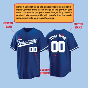 A blue baseball jersey with the text "Teamnamenumber 00" and "Your Name" printed on it, along with various customization options such as "Custom Teams", "Custom Name", and "Custom Number".