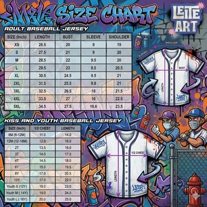 The image is a colorful and detailed size chart for an adult baseball jersey, featuring illustrations of a baseball jersey and various graffiti-style elements.
