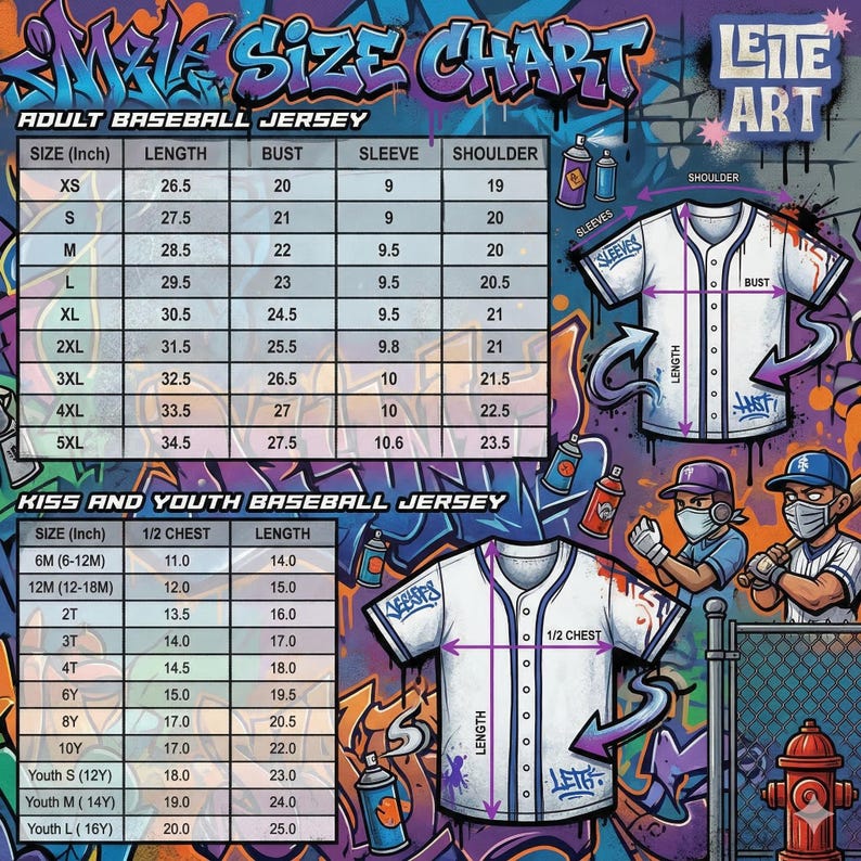 The image is a colorful and detailed size chart for an adult baseball jersey, featuring illustrations of a baseball jersey and various graffiti-style elements.