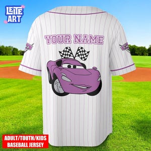 A white baseball jersey with a purple car design and the text "YOUR NAME" printed on the back.