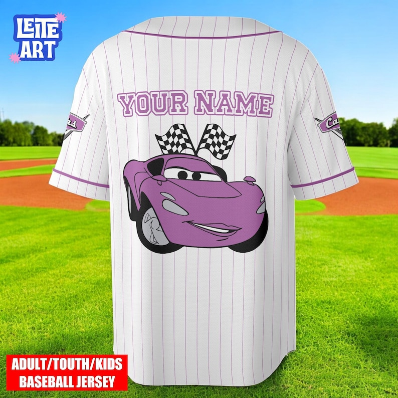 A white baseball jersey with a purple car design and the text "YOUR NAME" printed on the back.