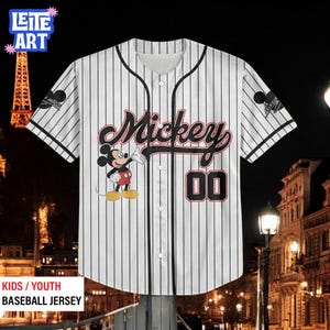 A Mickey Mouse baseball jersey with the number 00 displayed on it, hanging against a nighttime cityscape background.
