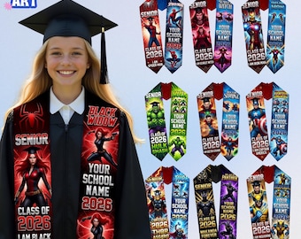 Marvel Graduation Stole Class of 2026, Superhero Senior Stole Custom Name, Spider Man Iron Man Black Widow Hulk Captain America Gift