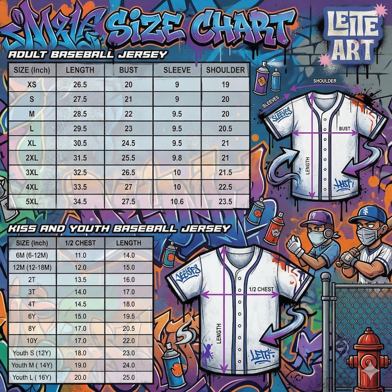 The image is a colorful and detailed size chart for an adult baseball jersey, featuring illustrations of a baseball jersey and various graffiti-style elements.