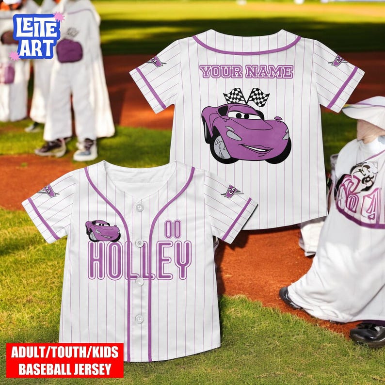 A personalized baseball jersey featuring a cartoon car character, Hollley, and the name "Hollley" printed on it.