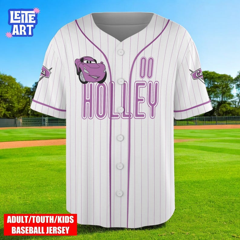 A white baseball jersey with purple stripes, featuring a cartoon character on the front.