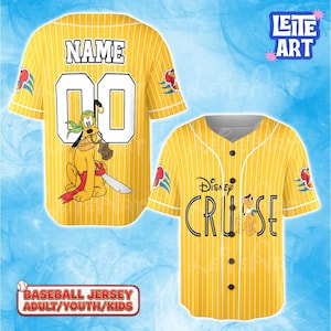 May include: Yellow baseball jersey with white pinstripes, featuring the text "NAME" above the number "00" and a Pluto graphic on the back. The front displays "Disney Cruise" and a Pluto graphic. The sleeves have a red and blue design.