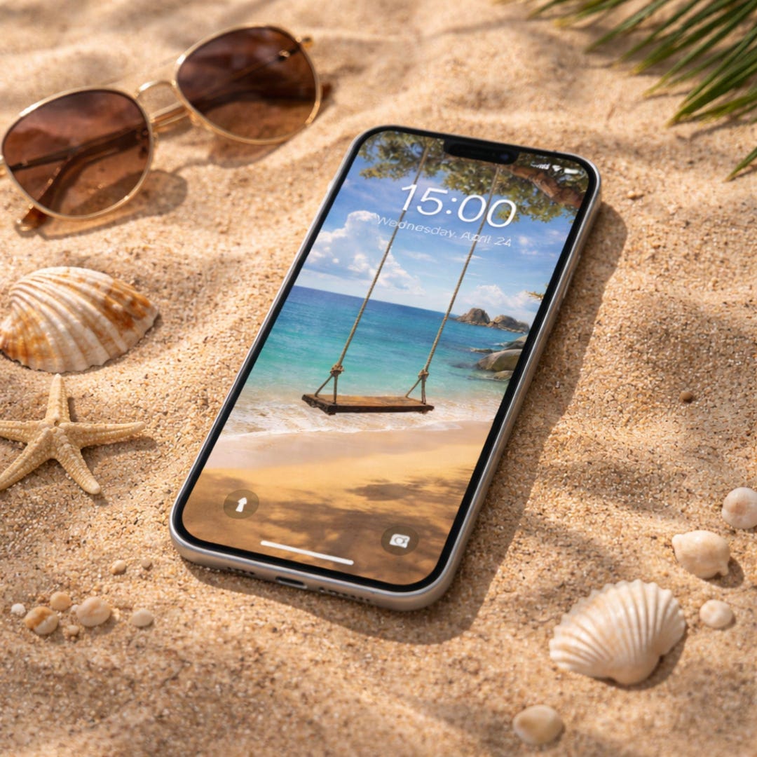 Tropical Beach Swing iPhone Wallpaper, Turquoise Ocean (digital