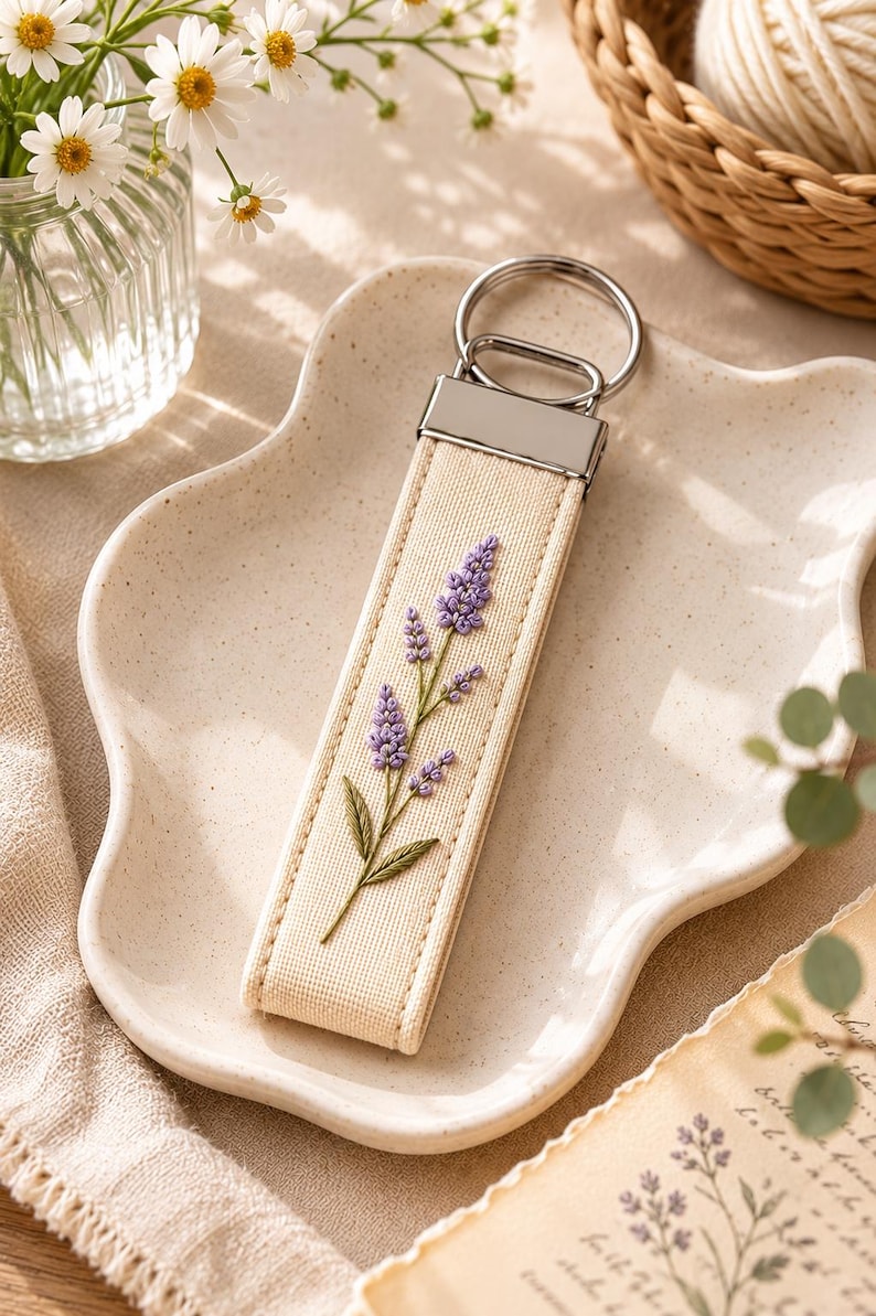 May include: A beige fabric keychain with a silver metal ring and accents. The keychain features an embroidered lavender sprig in shades of purple and green. The keychain is displayed on a cream-colored, wavy-edged plate.