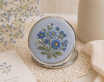Embroidered Floral Pocket Mirror, Linen Fabric, Custom Name Date (7 cm)