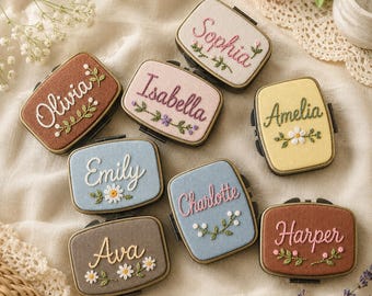 Personalized Embroidered Pill Box, Hand-Embroidered Linen Floral Case, Custom Name Jewelry Organizer, Bridesmaid Gift