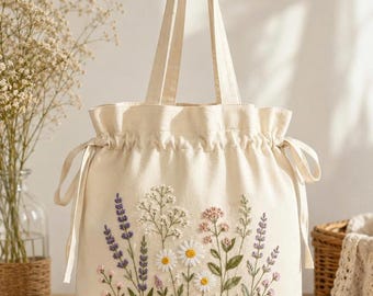Embroidered Floral Tote Bag, Handmade Linen Shoulder Bag, Wildflower Embroidery Gift for Her
