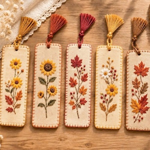 Handmade Embroidered Fall Bookmark, Autumn Leaf & Sunflower Bookmark, Book Lover Gift