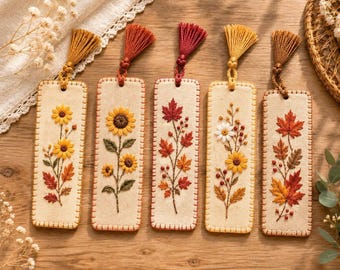 Handmade Embroidered Fall Bookmark, Autumn Leaf & Sunflower Bookmark, Book Lover Gift