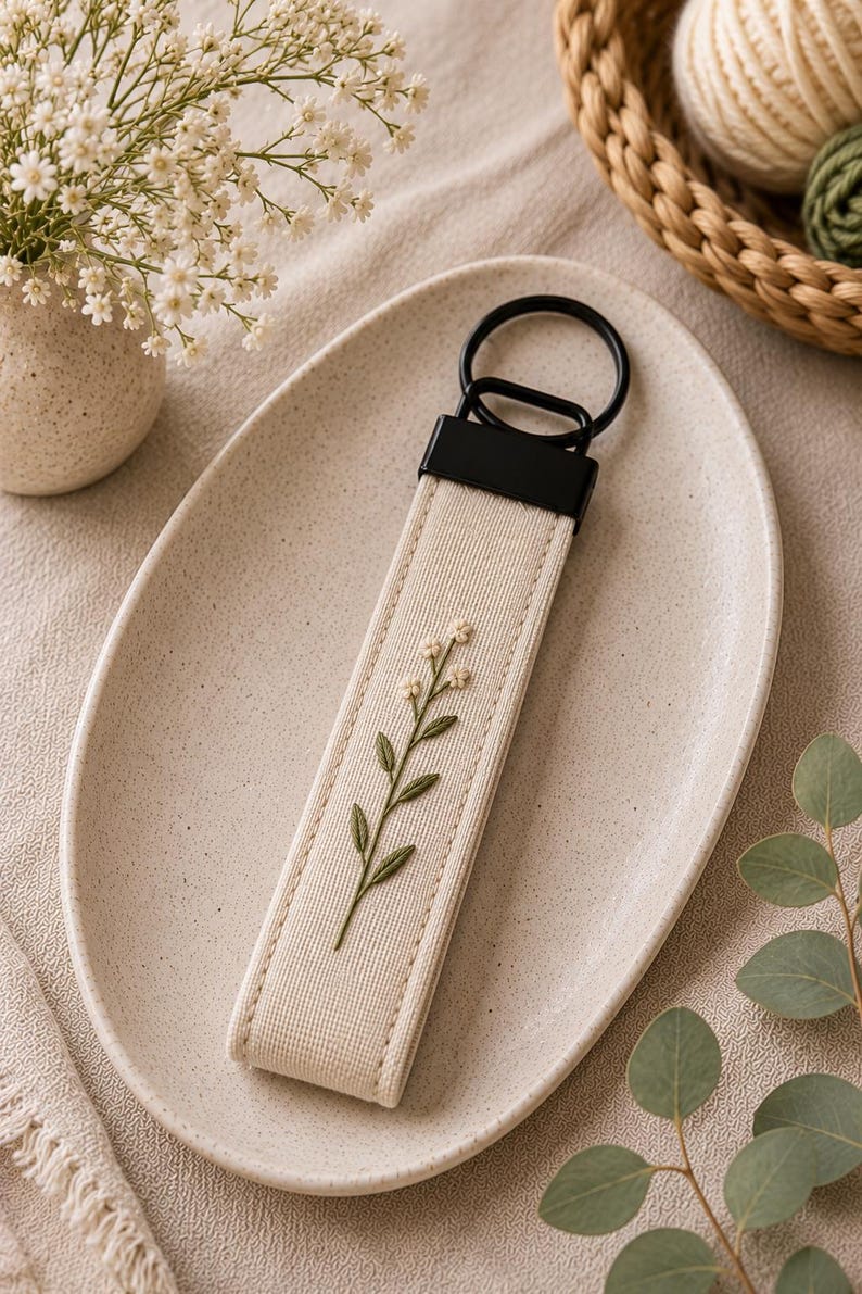 May include: Cream-colored keychain with a black metal ring and a rectangular fabric strap. The strap features an embroidered floral design in green and cream. The keychain is displayed on a beige oval plate.