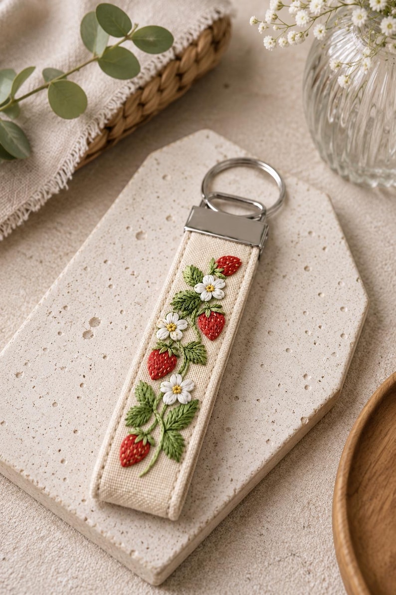 May include: Cream-colored keychain with a detailed embroidered design of strawberries, white flowers, and green leaves. The keychain has a silver-colored metal ring and a rectangular fabric strap. The design is centered on the strap.