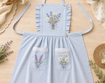 Hand-Embroidered Cottagecore Apron, Ruffle Cotton Linen Kitchen Apron, Fairy Garden Baking Gift