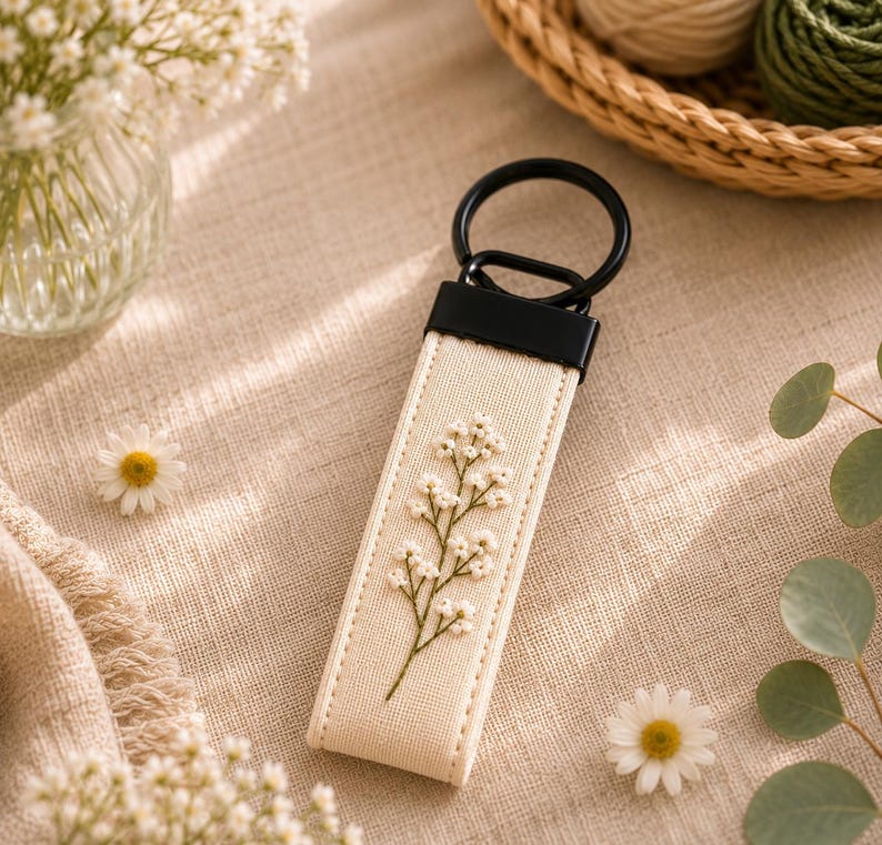 May include: Cream-colored keychain with a black metal ring and a floral embroidery design. The keychain features a rectangular strap with a stitched border and a delicate embroidered flower pattern in white and green.