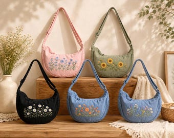 Hand Embroidered Floral Crescent Bag, Cottagecore Crossbody Purse, Botanical Embroidery Bag, Gift For Her