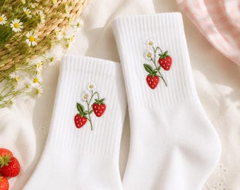 Handmade Strawberry Embroidered Socks, Hand Stitched White Cotton Socks, Gift For Her