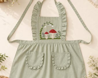 Hand-Embroidered Mushroom Apron, Cottagecore Ruffle Kitchen Apron, Fairy Garden Baking Gift
