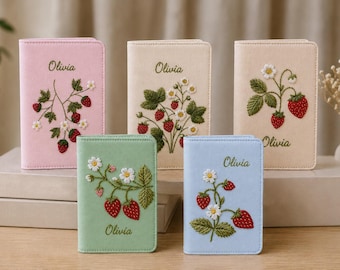 Personalized Strawberry Passport Cover, Hand Embroidered Passport Holder, Cottagecore Travel Accessory, Gift For Her
