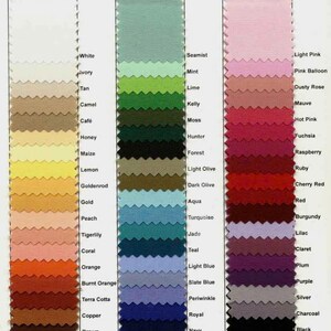 May include: A color chart displaying fabric swatches in a variety of shades. The swatches are arranged in vertical columns, showcasing colors from white to black, including neutrals, pastels, and vibrant hues. Each swatch is labeled with its color name.