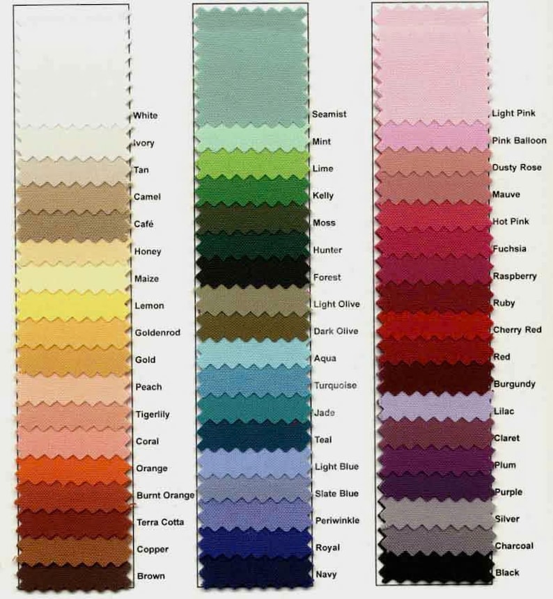 May include: A color chart displaying fabric swatches in a variety of shades. The swatches are arranged in vertical columns, showcasing colors from white to black, including neutrals, pastels, and vibrant hues. Each swatch is labeled with its color name.