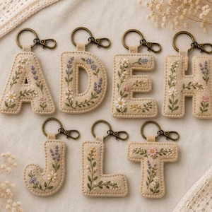 Personalized Hand Embroidered Initial Keychain, Custom Floral Letter Keychain, Handmade Monogram Gift for Women