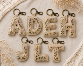 Personalized Hand Embroidered Initial Keychain, Custom Floral Letter Keychain, Handmade Monogram Gift for Women