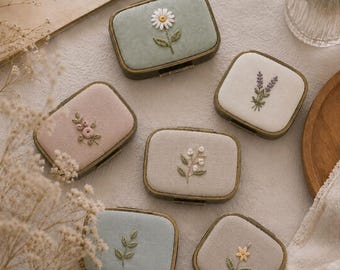 Hand Embroidered Pill Box, Floral Pill Case, Pocket Medicine Organizer, Gift for Women