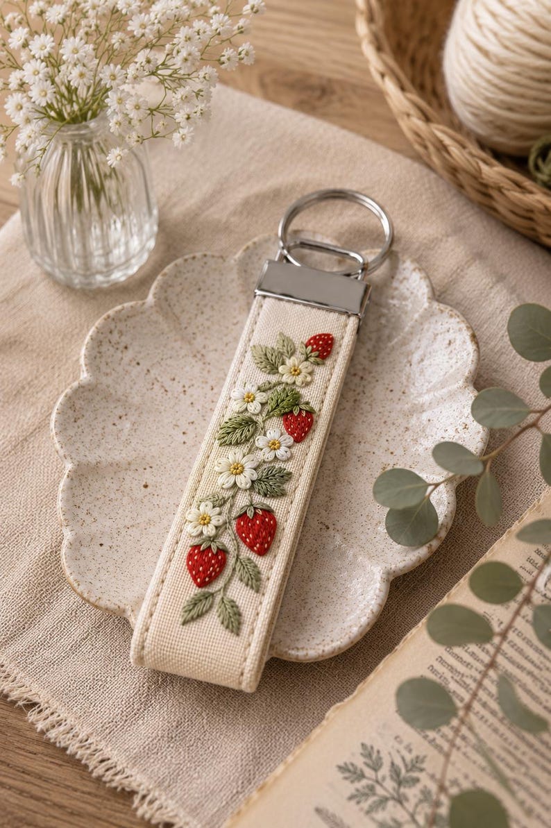 May include: Cream-colored keychain with a detailed embroidered design of red strawberries, green leaves, and white flowers. The keychain has a silver-colored metal ring. The design is centered on the cream-colored strap.