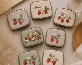 Handmade Embroidered Pill Box – Strawberry Floral Pocket Pill Case – Personalized Name Gift for Her