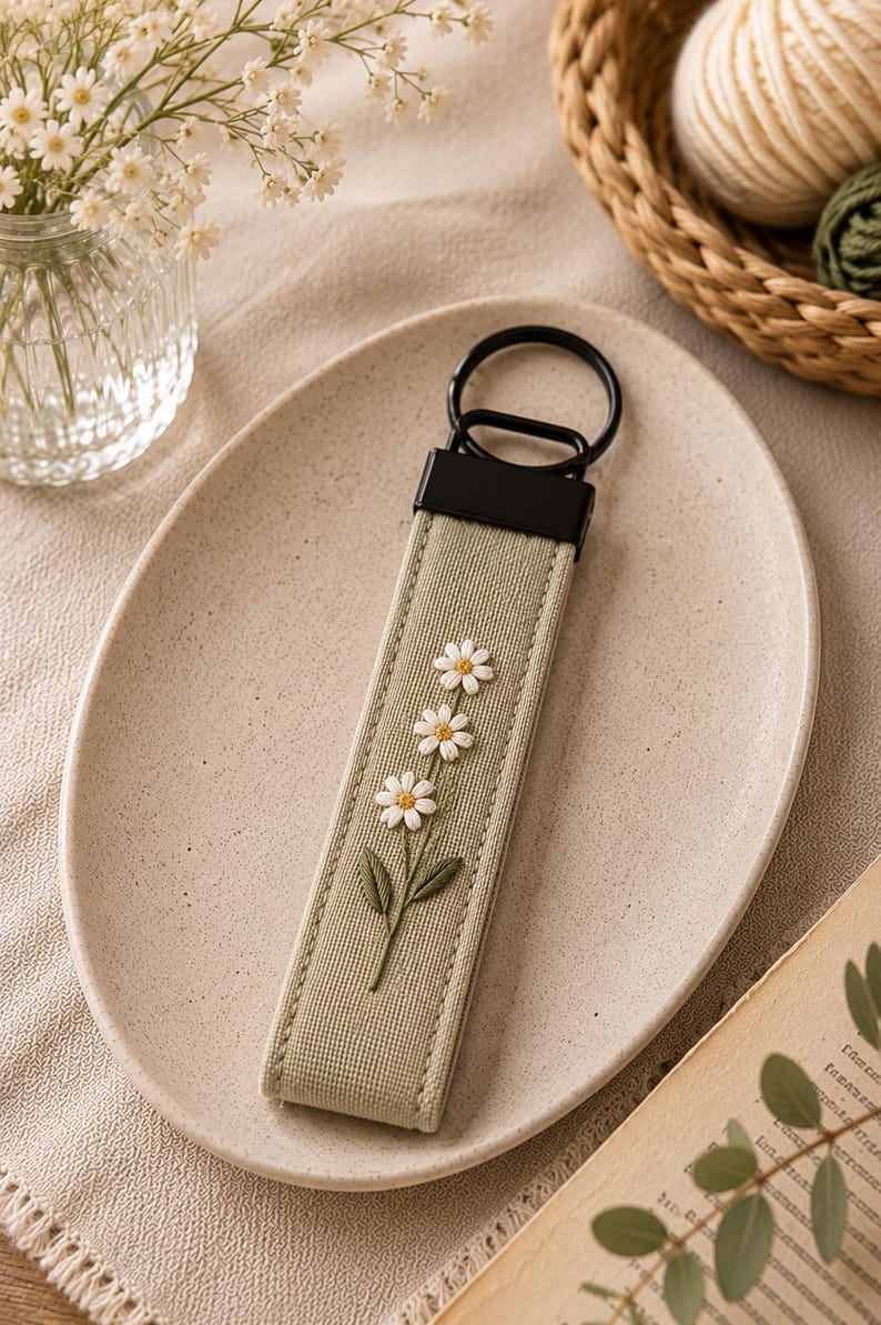 May include: A light green keychain with a black metal ring and a rectangular fabric strap. The strap features embroidered white daisies with yellow centers and green leaves. The keychain is on a beige plate.