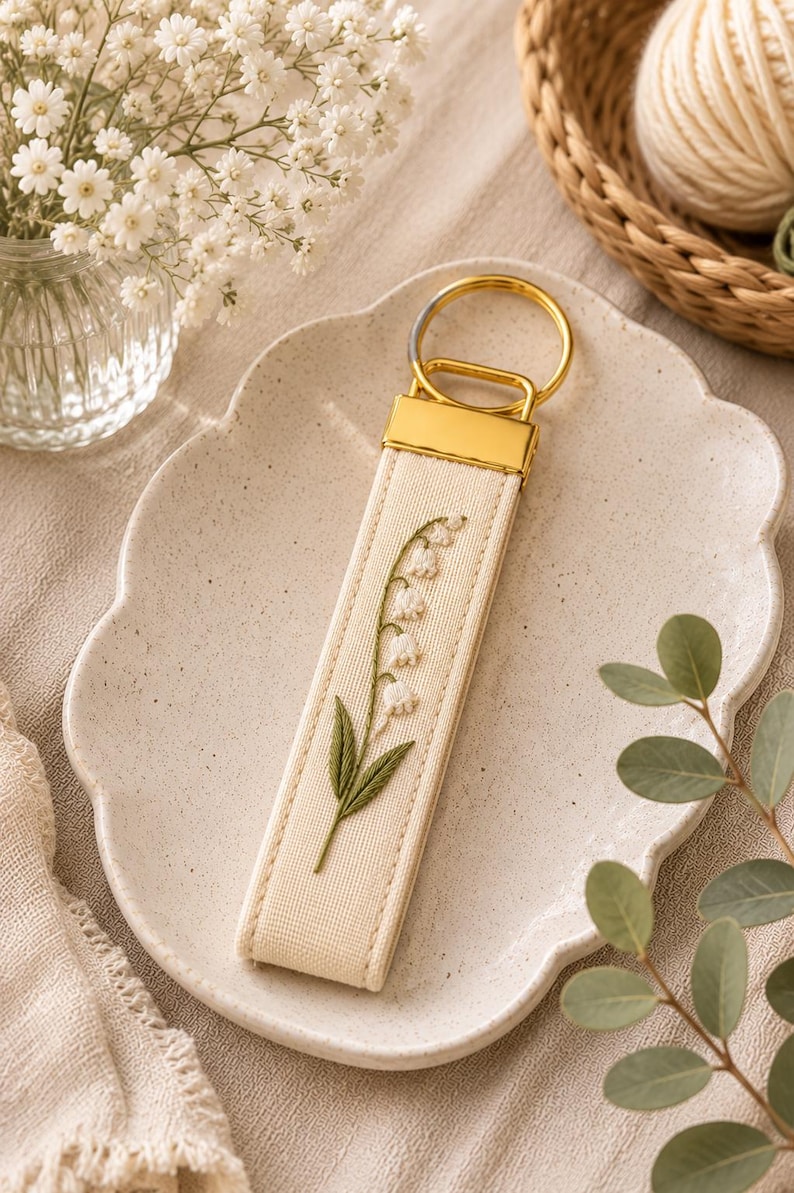 May include: A cream-colored keychain with a gold-tone metal clasp and ring. The keychain features an embroidered lily of the valley design in white and green. The keychain is displayed on a decorative plate.