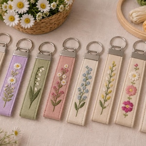 Hand Embroidered Floral Keychain, Wildflower Fabric Key Fob, Personalized Gift for Her