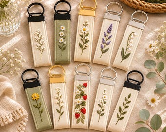 Handmade Embroidered Floral Keychain, Linen Fabric KeyFob, Minimalist Botanical Keychain, Gift For Her