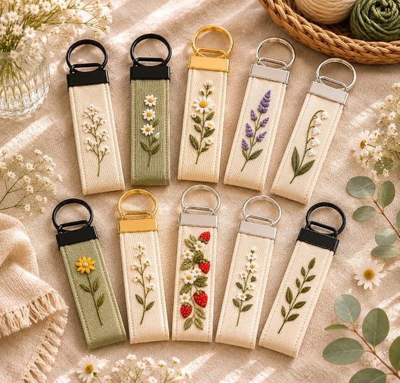 Handmade Embroidered Floral Keychain, Linen Fabric KeyFob, Minimalist Botanical Keychain, Gift For Her