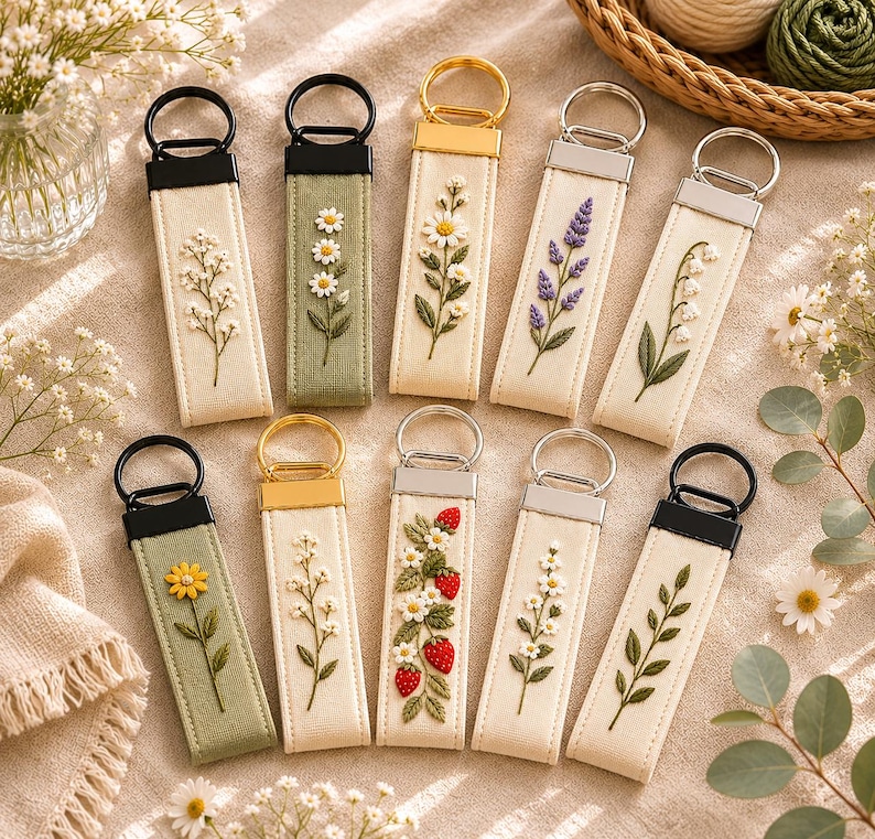 May include: A collection of embroidered keychains featuring various floral designs, including daisies, lavender, and strawberries. Each keychain has a fabric strap with a metal ring and a contrasting black or gold top. The keychains are displayed on a neutral-toned surface.