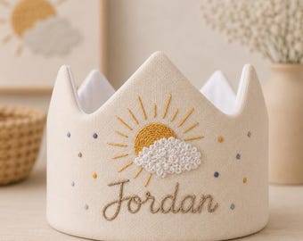 Custom Embroidered Kids Sun And Cloud, Linen Birthday Crown with Name & Date, Personalized Gifts