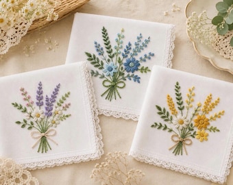 Handmade Embroidered Floral Handkerchief – Daisy Lace Wedding Hankie Gift For Her, Custom Name/Text