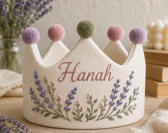 Custom Embroidered Flower Kids, Linen Birthday Crown with Name & Date, Personalized Gifts