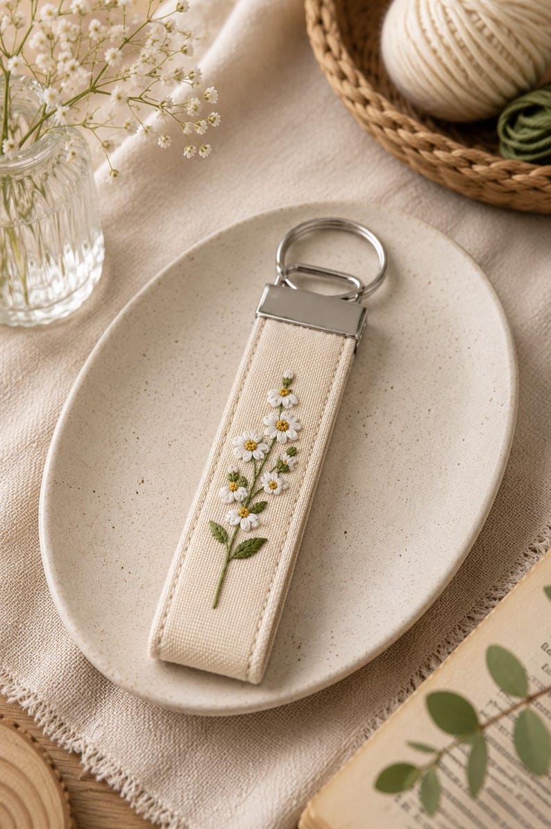 May include: Cream-colored keychain with a floral embroidery design. The keychain features a metal ring and a rectangular fabric strap. The strap is embroidered with a white and yellow flower design with green leaves. The keychain is resting on a cream-colored plate.