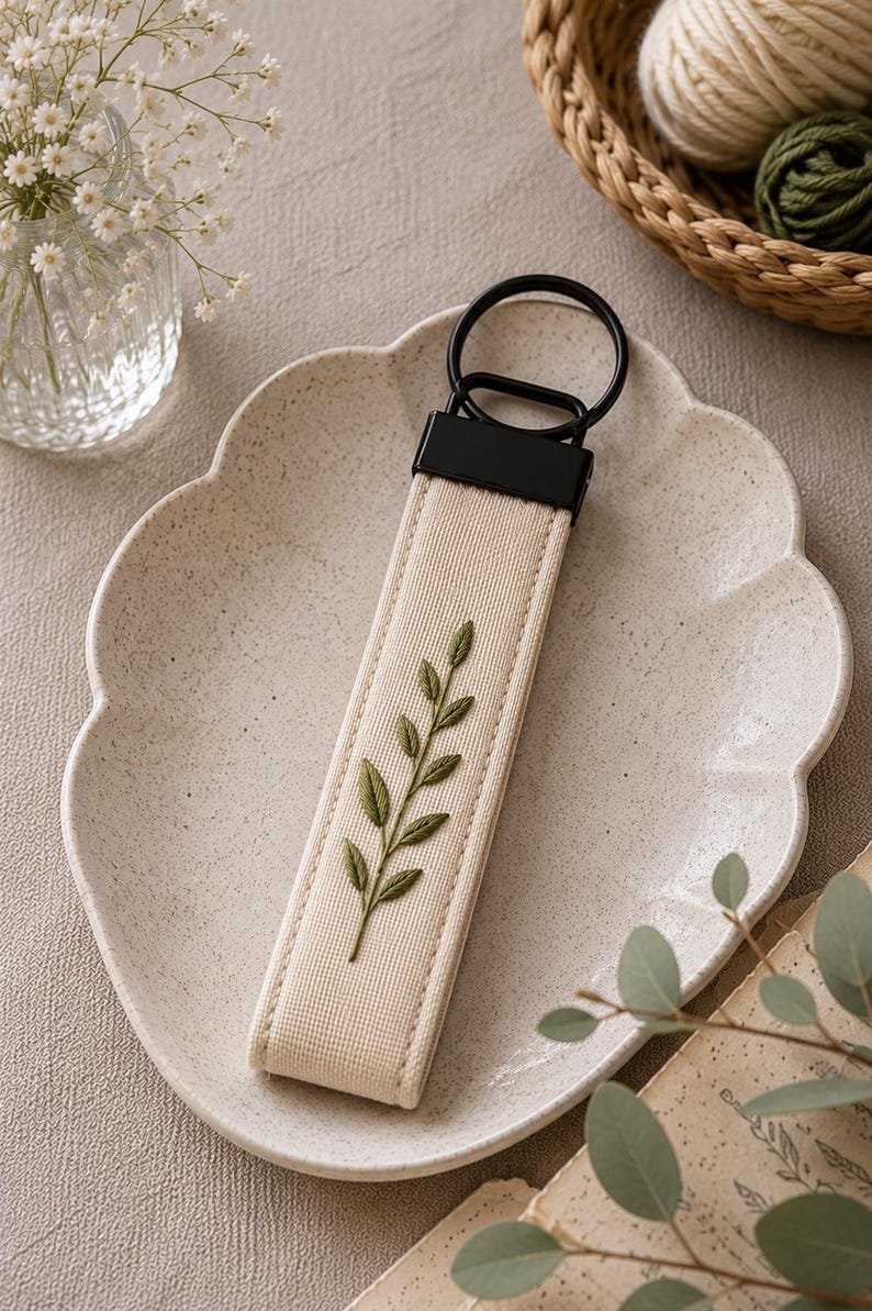May include: A beige fabric keychain with a black metal ring and a black rectangular top. The keychain features an embroidered olive green leaf design. The keychain is on a beige scalloped plate.