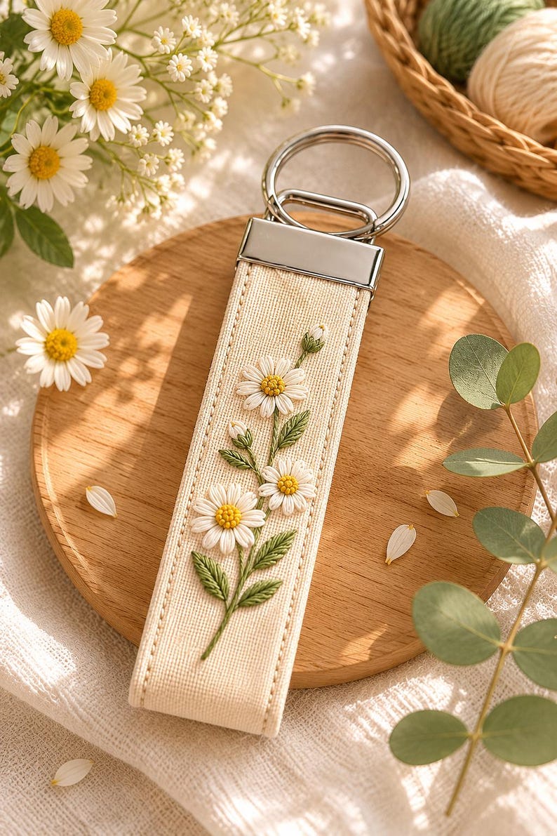 May include: Cream-colored keychain strap with embroidered white daisies and green leaves. The strap has a silver-tone metal top and a key ring. The keychain is on a wooden surface with daisy flowers in the background.