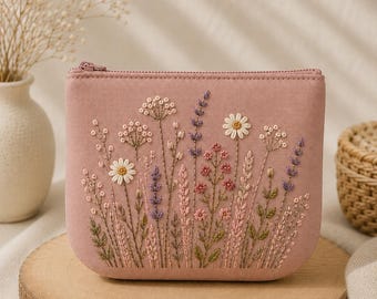Hand - Embroidered Wildflower Zipper Pouch, Cosmetic Bag, Cottagecore Linen Coin Purse, Gift For Her