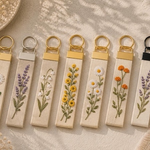 Handmade Embroidered Floral Keychain Collection, Linen Fabric KeyFob, Minimalist Botanical Keychain, Gift For Her