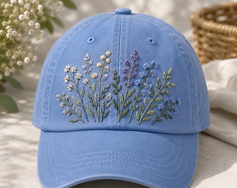 Handmade Floral Embroidered Baseball Cap – Cottagecore Wildflower Hat, Gift For Nature Lovers